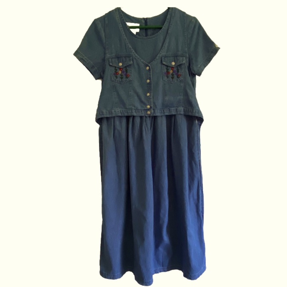 Vintage Pellini Blues petites women's 6P Denim Dress Tie Vest Floral Embroidery